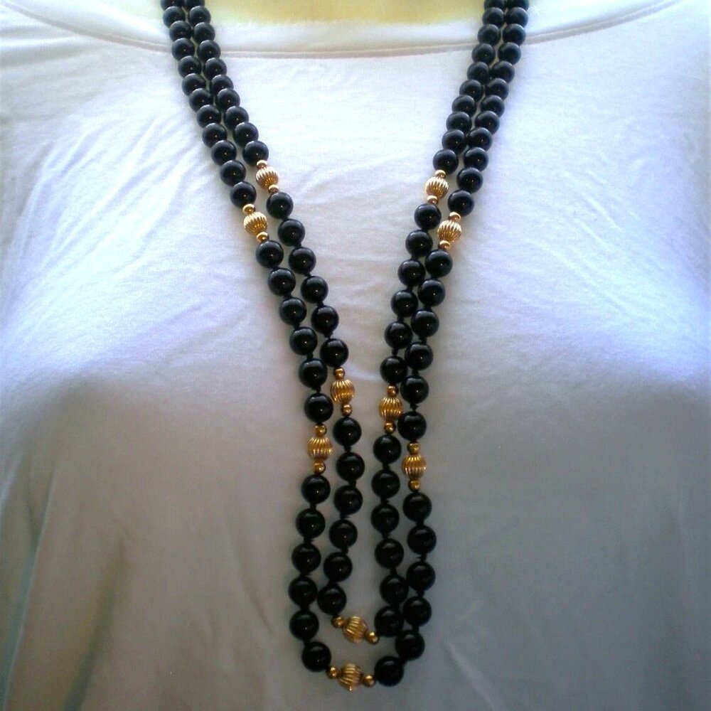 14K Gold 7.75MM-8.50MM Black Onyx Beads Beaded Two Strand Opera Length NECKLACE